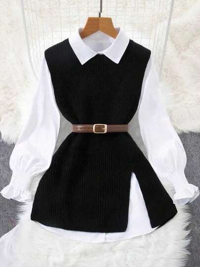 New Spring/Summer Plus Size Women's Fashion Casual Minimalist Sleeveless Knit Tank Top, Lightweight Knit Ladies Vest With Tie Design, Essential For Brunch, Must-Have For Autumn Wardrobe: Plus Size Women Knit Vest - Spring/Autumn New Fashion Short Knit Vest Sleeveless Sweater Waistcoat Black