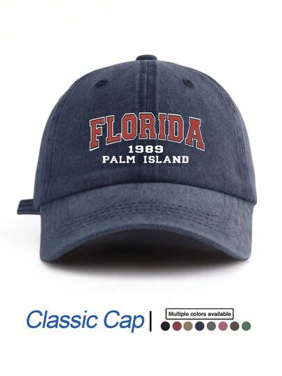 可调节“FLORIDA”字母印花棒球帽，透气男女通用复古软顶帽，适合日常佩戴和街头穿搭，多种颜色可选