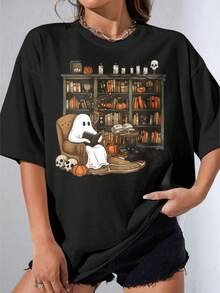 Ladies' Round Neck Printed T-Shirt, Ghost Reading Book With Cat And Pumpkins Festival Party Outfits - Black - View 2
