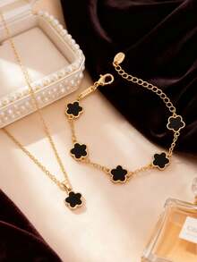 2pcs Set: 1pc Necklace + 1pc Bracelet, Fashionable Minimalist Gold-Tone Star Flower Oval Pendant, Suitable As Girlfriend, Wedding, Graduation, Date Gift - Little Plum Blossom - View 9