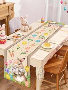 1pc Happy Easter Vintage Cartoon Girl Rabbit Egg Decorative Table Runner, Party Decoration Table Runner, Holiday Gathering Atmosphere Decor - Multicolor - View 1