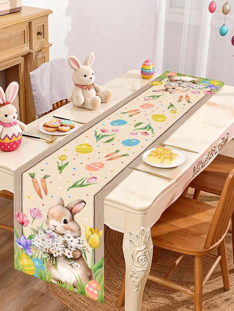 1pc Happy Easter Vintage Cartoon Girl Rabbit Egg Decorative Table Runner, Party Decoration Table Runner, Holiday Gathering Atmosphere Decor - Multicolor - View 1