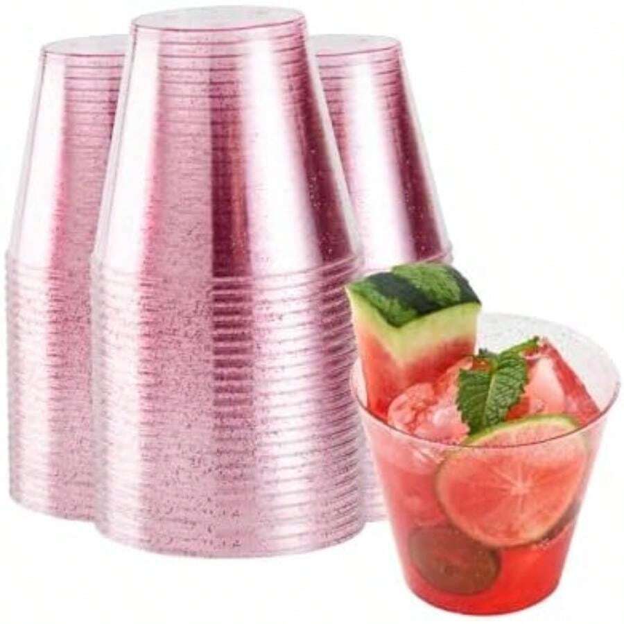 - Vasos con purpurina de 12 onzas, paquete de 20 vasos de plástico con purpurina rosa, desechables, vasos de plástico duraderos aptos para alimentos fríos para cócteles, ponche en(5 oz -20 Glitter rosa) - Multicolor - Ver 1