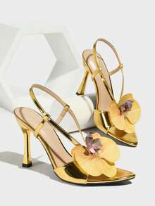 女士优雅凉鞋，3D立体金色兰花设计，尖头金色细高跟，高品质舒适镜面质感材质，时尚性感露趾奢华高跟鞋，适合各种场合：春夏、酒吧、夜店、社交聚会、派对、舞台、假日、教堂婚礼，时尚优雅女鞋 - 金色 - 查看 6