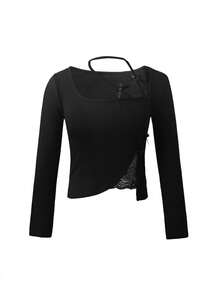 性感撞色蕾丝长袖T恤，修身剪裁，优雅时尚 - 黑色 - 查看 7