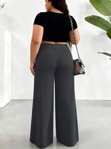 Plus Size Women's Solid Color High Waist Loose Straight Leg Pants, High Stretch Fabric Spring - Dark Grey - View 3