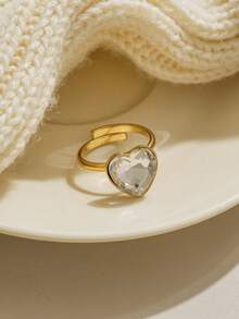 1pc Multi-Color Sparkling Heart Zirconia Stainless Steel Gold Adjustable Ring, Suitable For Girls' Everyday Wear And Parties, Exquisite And Simple Jewelry Gift. - Gold - View 7