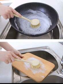 1pc Long Handle Kitchen Cleaning Brush, Suitable For Washing Dishes, Pots, Cutting Boards, Non-Stick, Plastic Material, Hang-Able, Convenient For Cleaning Stove Top - Multicolor - View 3