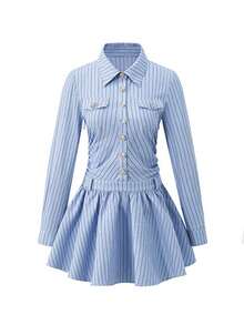 Casual Commuter Striped Front Button Waist Cinched Dress - Blue - View 4