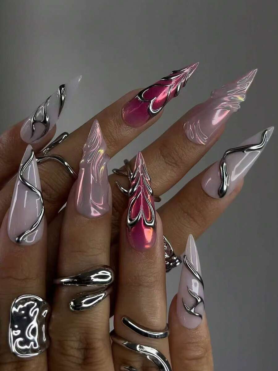 10片/套 Y2K 奢华手工长杏仁形 3D 银色法式凝胶美甲贴纸，带有 3D 银色爱心和闪粉设计，情人节风格，全覆盖亚克力假指甲，包含 1 片果冻凝胶和 1 把指甲锉，手工制作，适合女性和女孩日常工作、学习和派对美甲用品。