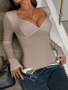 Vaiaye Women's Sexy Y2K Jumpsuit, V-Neck Long Sleeve Fitted Black Bodysuit, Suitable For Valentine's Day Wear, Spring/Summer - Khaki - View 9