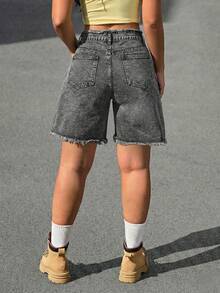 Women's Loose Gray Denim Bermuda Shorts With Star Cutout Design, Frayed Hem, Non-Stretch Fabric, With Pockets And Zipper, Casual Wear - Grey - View 4