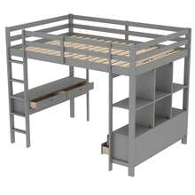 Pine Wood Loft Bed With Integrated Under-Bed Desk, Children's Bed With Bookshelf And 6 Large Drawers, Youth Bed For Teenagers' Rooms And Guest Rooms, Without Mattress - 灰色 - 查看 9