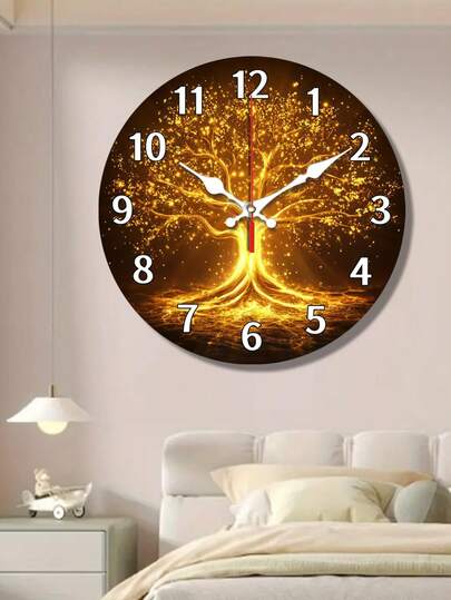 1 Stück Wanduhr im Fantasy-Thema mit leuchtenden goldenen Bäumen und funkelnden Lichtern, leises japanisches Quarzwerk, batteriebetrieben (AA-Batterien nicht enthalten), ideal für Wohnzimmer oder Meditationsraum Dekoration, tolles Geschenk für religiöse Aktivitäten und Feiertage