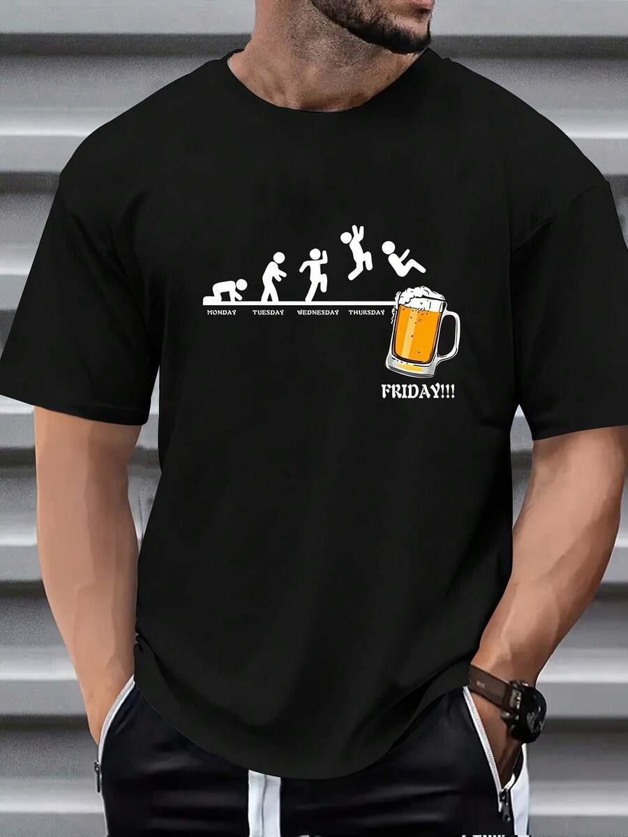 Men's Friday Beer Celebration Graphic T-Shirt - 100% Cotton Loose Fit Crew Neck Short Sleeve, 180gsm Breathable Casual Shirt With Weekend Party Design, Machine Washable - 黑色 - 查看 1