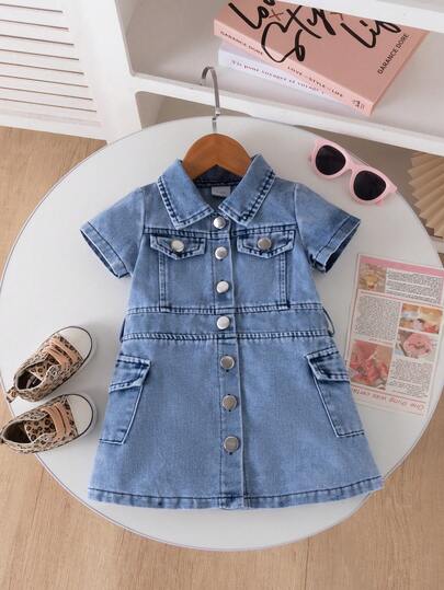 Infant/Baby GirlCute Casual Short Sleeve A-Line Denim Dress, Suitable For Daily, Outdoor, School, Commute, Vacation, Party