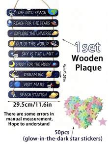 50 piezas - Decoración de pared con tema espacial para dormitorio de niños, arte de madera creativa, decoración para bebés, cartel de sistema solar con citas motivacionales