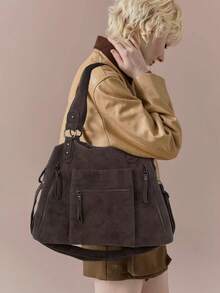 Y2K Personalized Retro Frosted Women's Tote Bag, Large Capacity Front Pocket Street Shoulder Bag, Detachable Shoulder Strap Fashionable Crossbody Bag, Very Suitable For Daily Use - Coffee - View 3