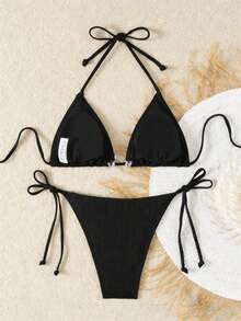 New Soft Spaghetti Straps Halter Open Back Shell Decor Swimwear Set Vacation Beach Black Summer - Black - View 8