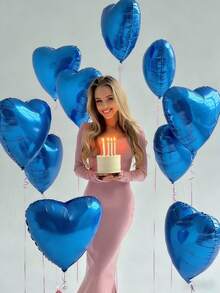 10pcs 18-Inch Blue Heart Shaped Foil Balloons, Suitable For Wedding, Birthday, Anniversary, Valentine's Day Decoration, Indoor Room Decor - Blue - View 2