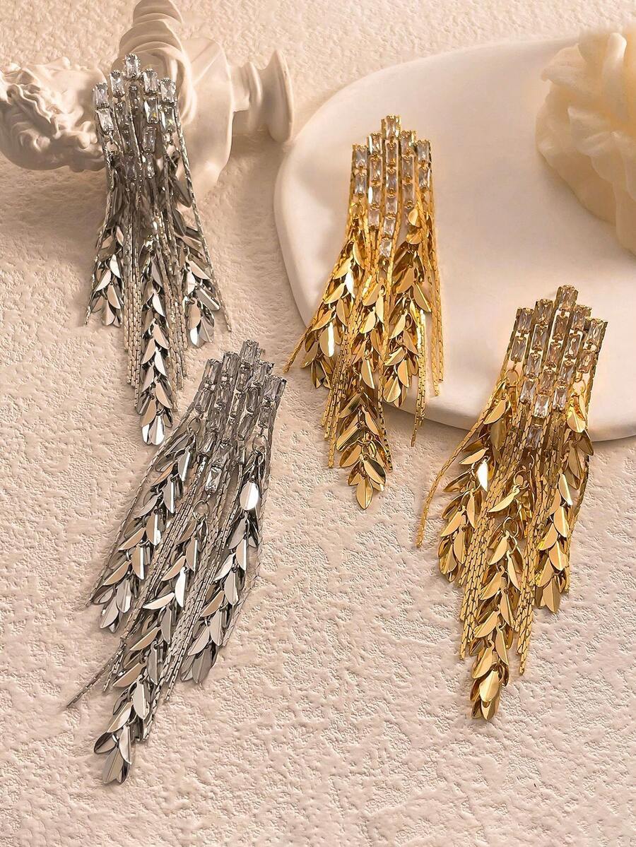 1对时尚立方氧化锆小麦耳夹及叶子流苏耳环，几何夹式耳环，女士派对首饰礼品 - clip - 查看 1