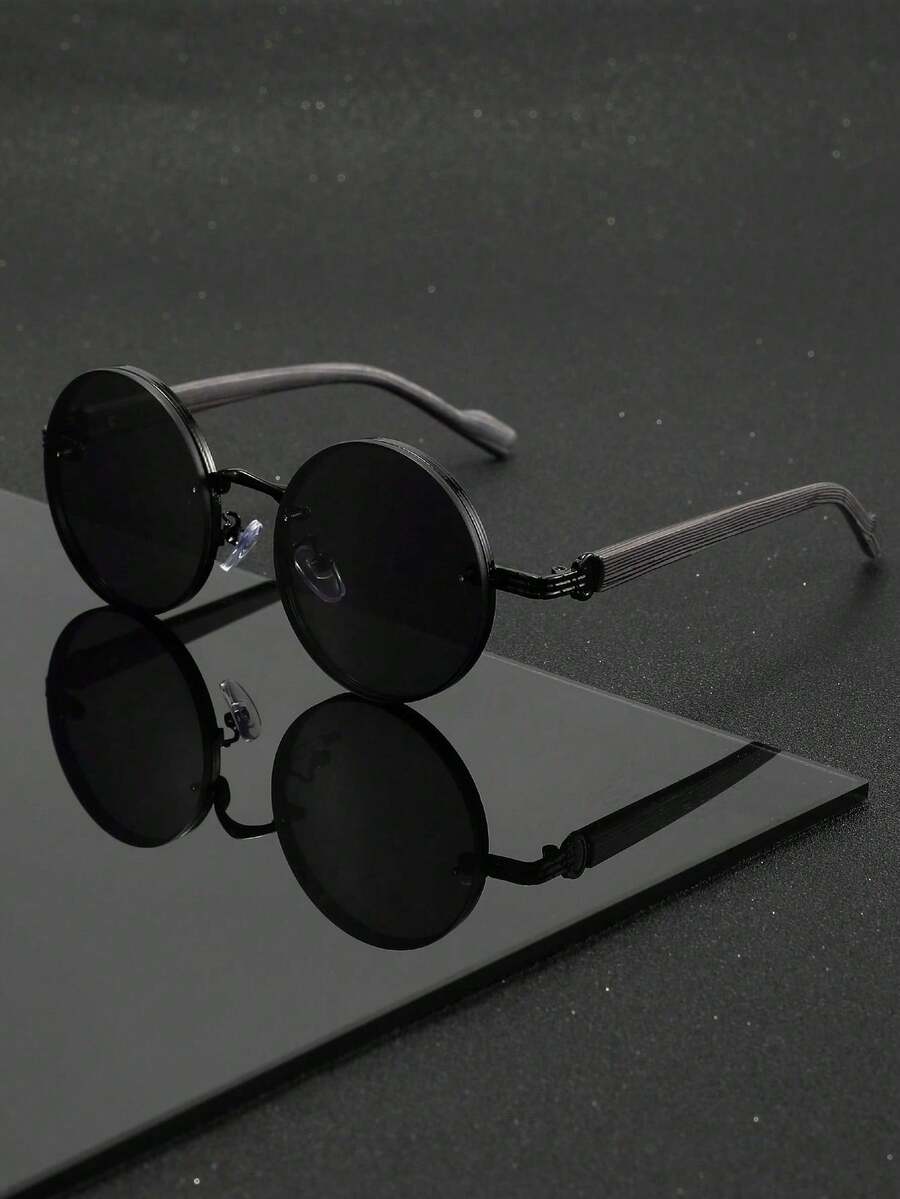 Men's Metal Round Wood Grain Effect Frame Fashion Glasses - Black - View 1