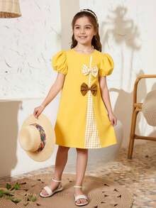 Young Girls Summer New Girls Solid Color 3D Bow Decor Patchwork Plaid Casual Gigot Sleeve Dress - Yellow - View 4