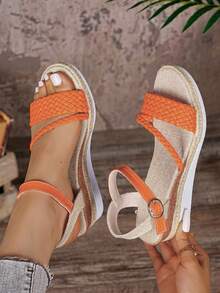 女童坡跟凉鞋，单带编织设计高跟休闲度假露趾凉鞋 - 橘色 - 查看 3