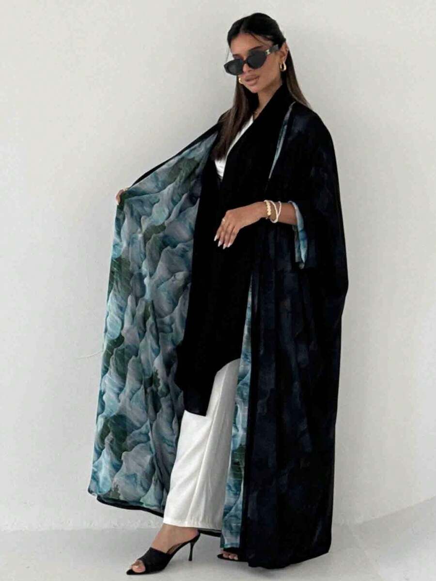 2pcs Women's Elegant Black Floral Print Patchwork Sleeve Bohemian Jacket With Headscarf, Fashionable Vintage Arabic Abaya Cardigan Robe, Versatile For Daily, Party, Holiday Vacation - Black - View 1