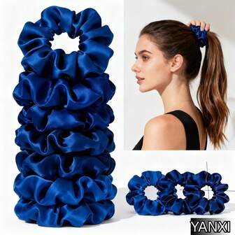 Set de 12 scrunchies de satén liso para mujeres, suaves para el cabello, adecuados para coletas altas, uso casual. Combo de scrunchies de moda en azul klein, accesorios para el cabello