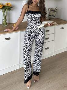 Black & White Leopard Lace Camisole Pajama Set, Sexy Spaghetti Strap Loungewear With Loose Pants, 2pcs - Black and White - View 4