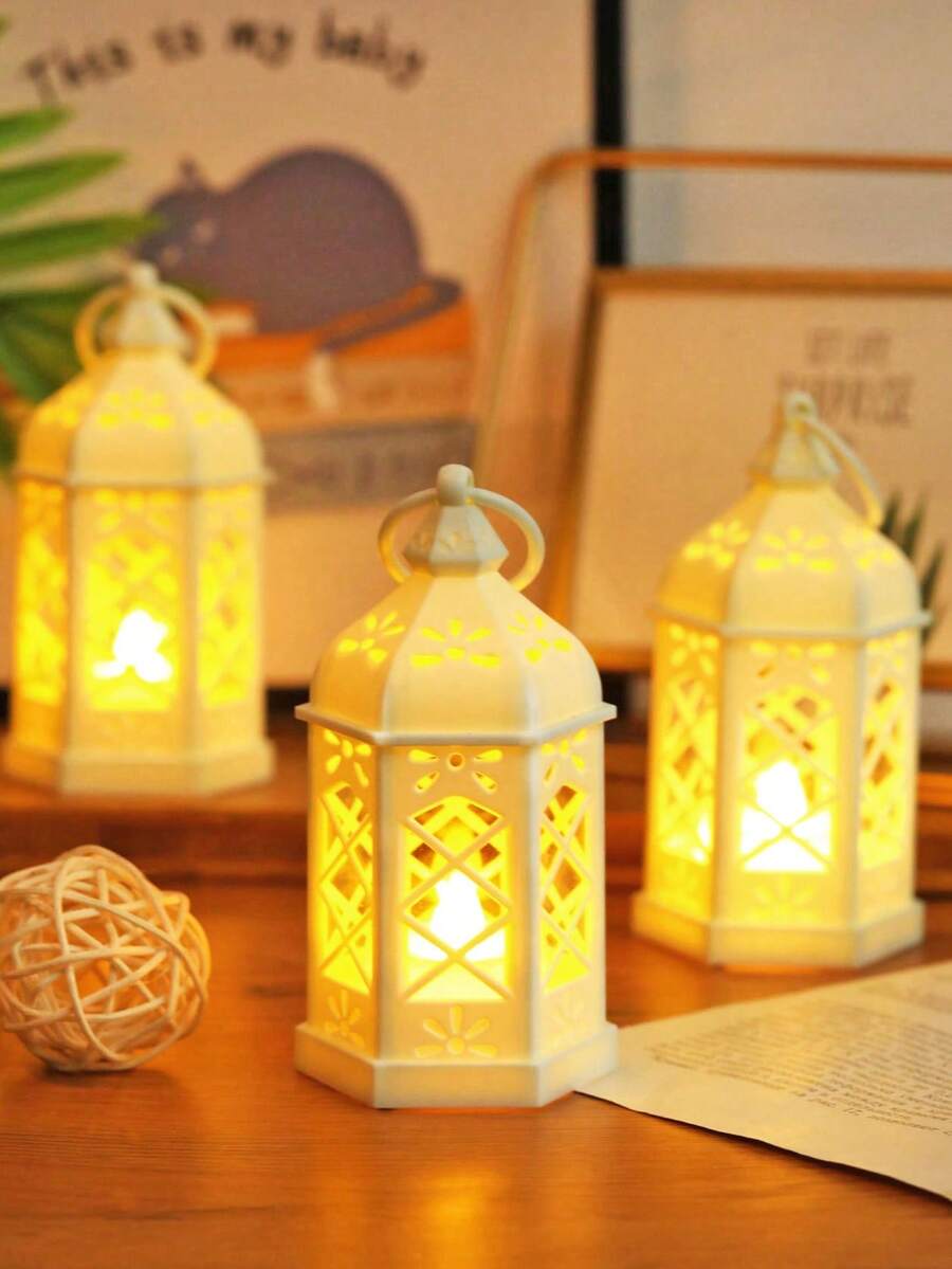 1pc Retro Mini Handheld Decorative Lantern Light With Battery, Indoor Home Decor Lamp, Tabletop Decor, Bedroom Decor, Wall Hanging Night Light, Suitable For Wedding Party Decor, Holiday Lantern Decor - White - View 1