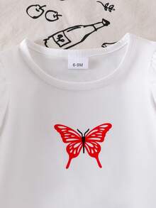 2pcs Baby Girl Fashion Butterfly Print Lantern Sleeve T-Shirt Top And Butterfly Embroidered Pleated Denim Mini Skirt Set - White - View 4