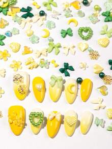 50件装、100件装圣帕特里克节混合美甲配件，嘉年华美甲装饰，绿色和黄色混合美甲配件，蝴蝶结、爱心、珍珠、丝带等，可用于个人DIY美甲装饰、DIY装饰、礼品装饰和美甲沙龙用品。