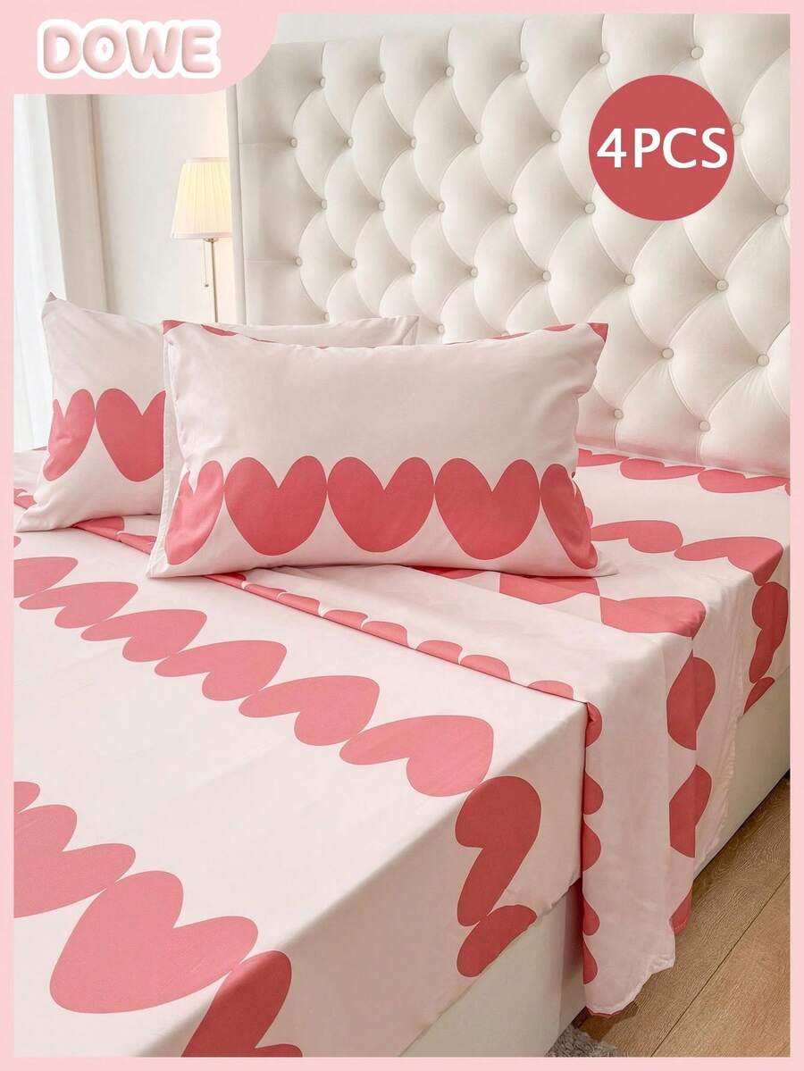4件套心形蝴蝶结印花床上用品套装 - 轻盈透气粉色条纹床单套装(2个枕套+1个床单+1个床裙),浪漫爱情主题柔软床上用品,奢华酒店品质夏季床上用品,适用于单人床/双人床/大号床/特大号床,优雅的房间装饰,理想的礼物,居家和宿舍必备 - 彩色 - 查看 1