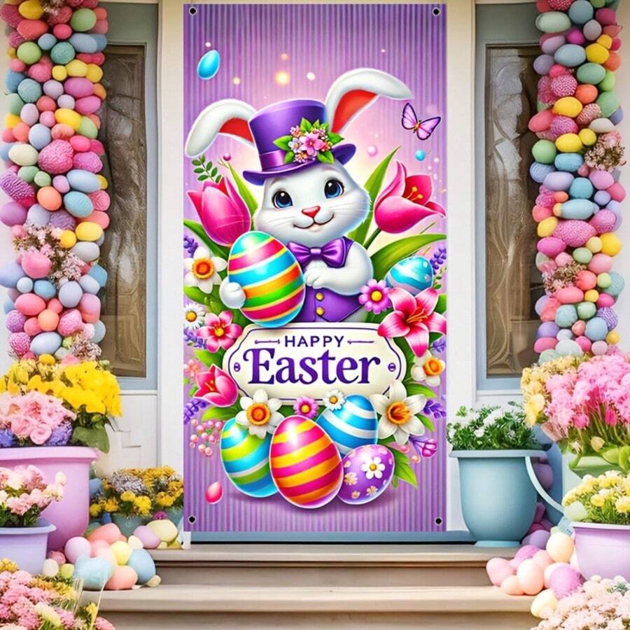 1pc Easter Theme Party Decoration Door Banner With Colorful Eggs And Spring Flowers, Cute Bunny Background Image, Suitable For Indoor/Outdoor Decoration, Party Door Decoration, Photography Background Decoration, Yard Decoration, Easter Party Decoration