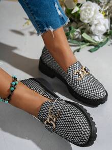 Fashionable Korean Style Metal Chain Decor Women's Black Round Toe Loafers, Personalized Hollow Sequin Design Luxurious Party Vibe Chunky Heel Shoes, Versatile For Commuting, Work, Casual Wear, Great Gift For Teacher's Day/Mother's Day - Black - View 4