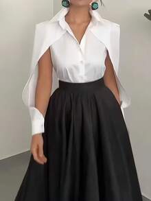 Women's Classic White Shirt Collar Cape-Style Blouse, Button Front, Long Sleeve Woven Fabric, Elegant Look - White - View 3