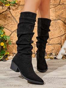2026秋冬季：搭配紧身裤的理想之选；女士时尚尖头荷叶边高跟靴；粗跟款式 - 黑色 - 查看 5