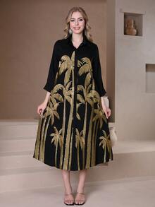 2026 New Style Ramadan Traditional Elegant Embroidered Gold Beaded V-Neck 3/4 Sleeve Dress JALABIA For Women - Black - View 2