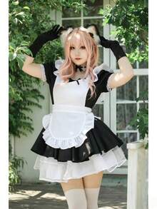 1pc Dreamy Minimalist Cute Maid Cafe Style Lolita Dress, Ruffled Apron, Puff Sleeves, Lace Trim, Recommended To Pair With Petticoat, Suitable For Daily Casual Wear And Photoshoot - Multicolor - View 7