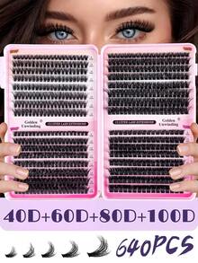 640PCS D Curl Individual Lash Clusters High Capacity 30D+40D+60D+80D/40D+60D+80D+100D 8-16mm DIY Lash Clusters Extra Thick&Natural Look&Wispy&Long-Lasting&Waterproof Reusable Individual Segmented False Eyelashes Eyelash Extension Kit With Makeup Tools - Black - View 3