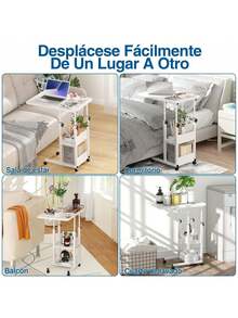 Mesa Multifuncional Ajustable en Altura con Ruedas y 3 Estantes - Laptop/Reunión/Jardín - Blanco - Ver 8