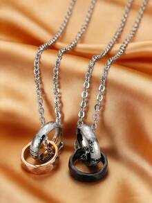 MONALLY 极简主义不锈钢情侣项链，刻有他黑色/她玫瑰金交缠戒指吊坠，周年纪念日/情人节礼物，送给男朋友/女朋友，情侣款 - 情侶項鍊 - 查看 4