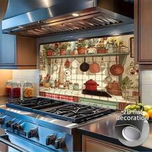 1pc, 2D Flat Design Kitchen Filled With Kitchenware And Greenery, Creating A Warm And Homey Atmosphere In A Realistic Style. This PVC Kitchen Wall Sticker Is Easy To Apply, And Made Of High-Quality Materials. Perfect For Home Decor And Modern Kitchens