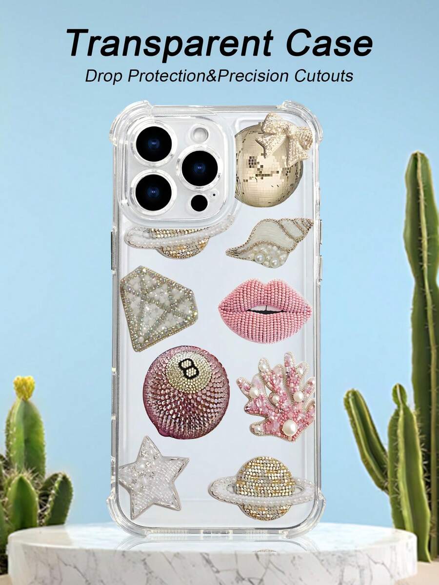1PC Funda transparente con diseño de labios, diamantes y planetas, estilo glamoroso y minimalista, protección contra caídas, ideal para mujeres y amantes de la moda, regalo perfecto para ocasiones especiales : funda transparente resistente a golpes, compatible con Apple Phone17/16/15/14/13/12/11/XS/XR/X/PLUS/PRO/PROMAX, agarre cómodo, regalo ideal para amigos, novia, novio, familia - transparente - Ver 1