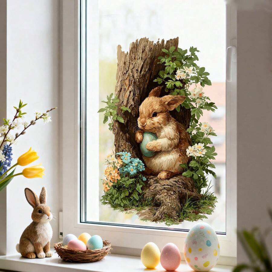 1pc Cute Rabbit Holding Eggs Window Cling Decal, Removable PVC Sticker, Suitable For Spring Easter Bedroom, Living Room, Balcony And Shop Window Decoration - Multicolor - View 1