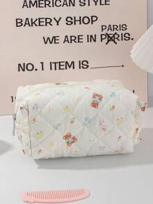 1pc Beige Floral Bow Bear Rabbit Quilted Makeup Bag, Large Capacity Portable Zipper Makeup Pouch, Suitable For Travel & Vacation, Can Store Sanitary Pads, Keys, Phones, Chargers, Lipsticks, Cosmetics, Perfumes, Makeup Brushes, Ideal Storage For Skincare & Beauty Products, Suitable For Women, Students, Girls, Also A Perfect Gift For Holidays & New Year - Beige - View 14