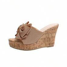 女士坡跟凉鞋，米色软木鞋跟，蝴蝶结装饰，露趾夏季凉鞋 2026 - 卡其色 - 查看 8