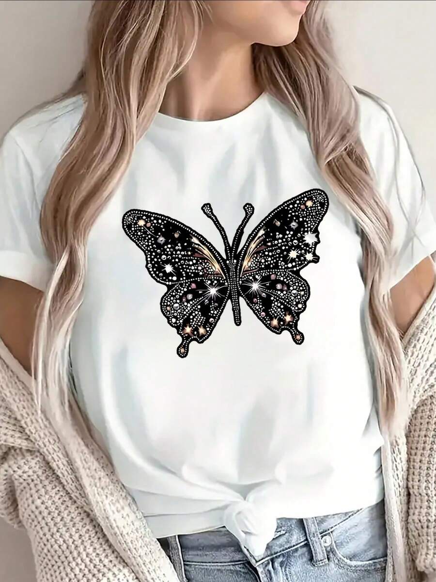 Womens Sparkling   Print T Shirt Lightweight   Short Sleeve Round Neck (2) - 黑色20 - 查看 1